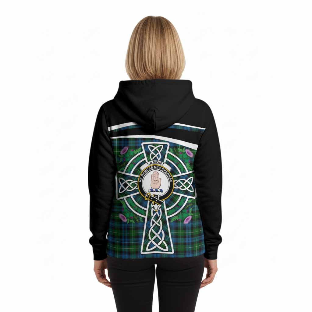 Lamont Tartan Crest Hoodie Scottish Thistle Celtic Cross Alba Gu Brath