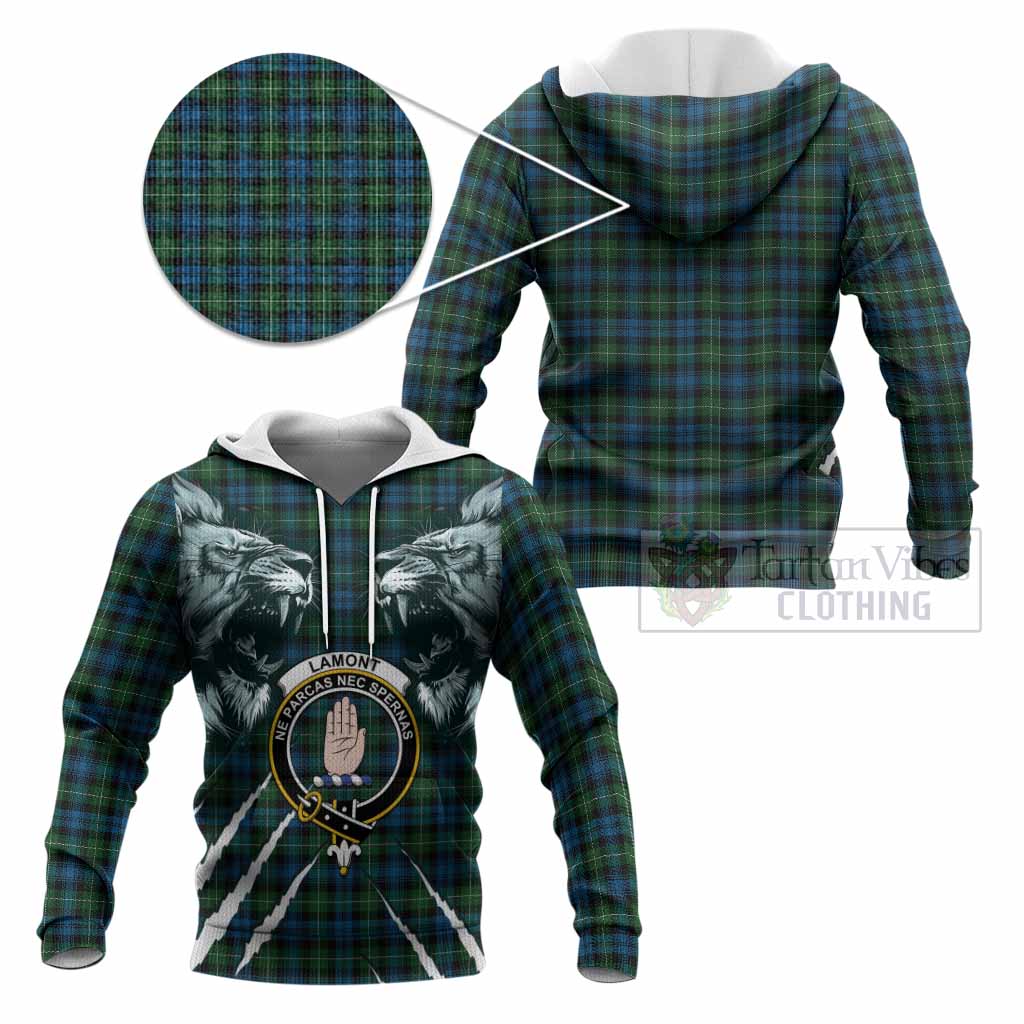 Lamont Tartan Crest Knitted Hoodie Ferocious Lion Style