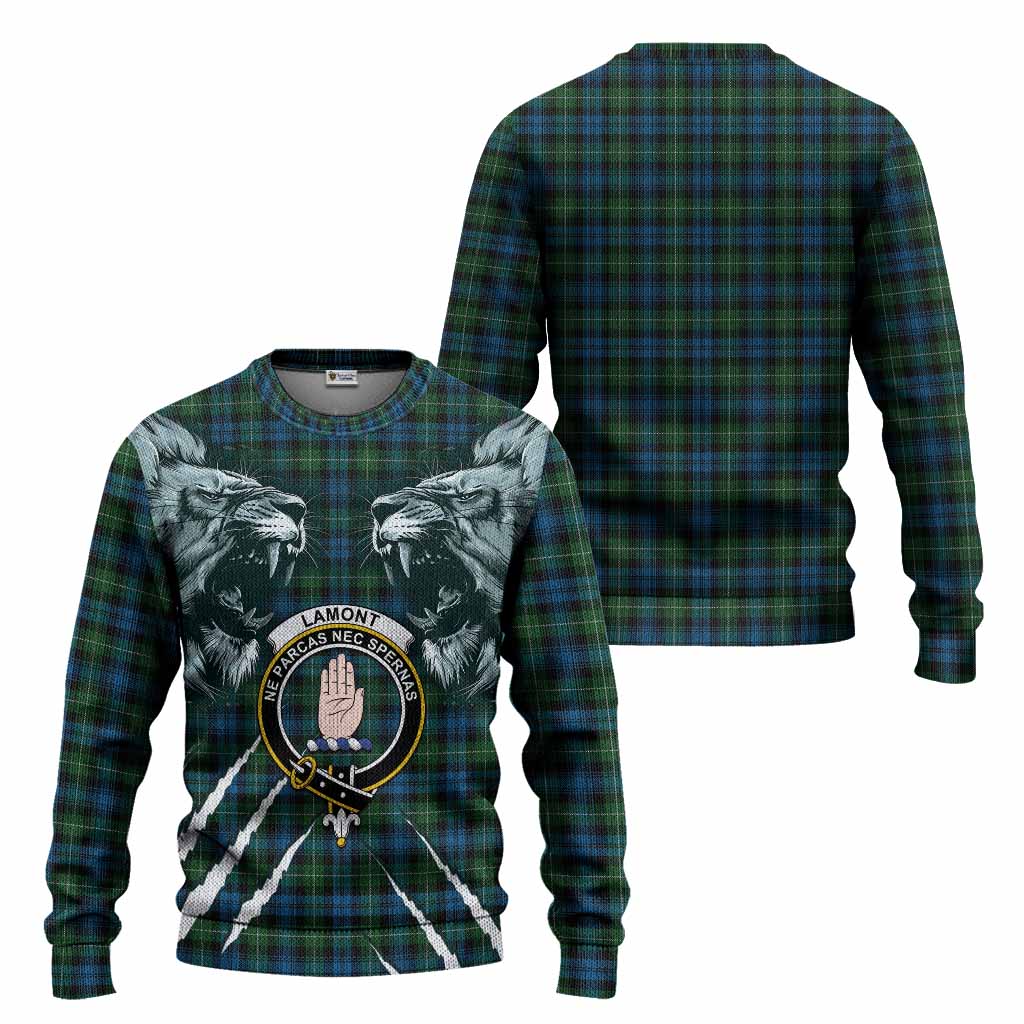 Lamont Tartan Crest Knitted Sweater Ferocious Lion Style