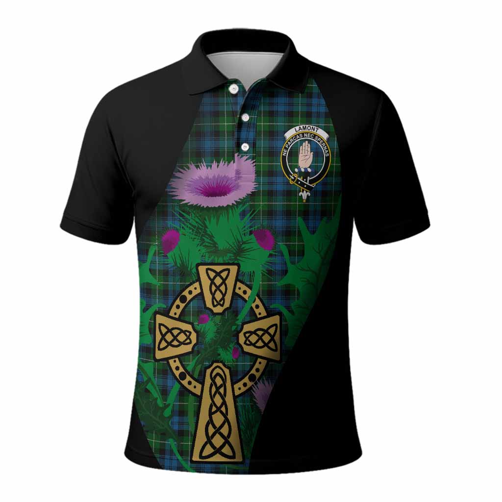 Lamont Tartan Crest Polo Shirt Celtic Cross Thistle Flowers