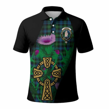 Lamont Tartan Crest Polo Shirt Celtic Cross Thistle Flowers