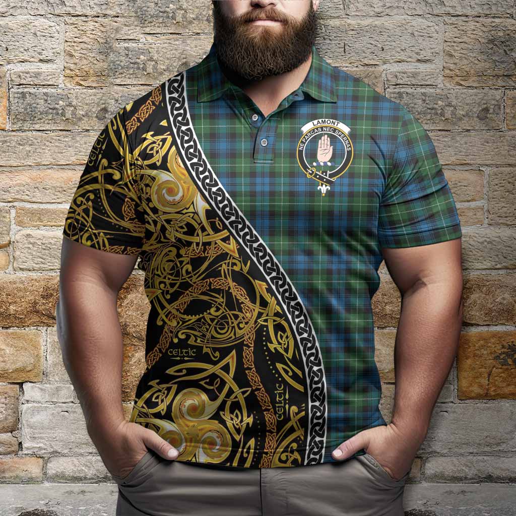 Lamont Tartan Crest Polo Shirt Celtic Knot and Triple Trickle Spiral Symbols
