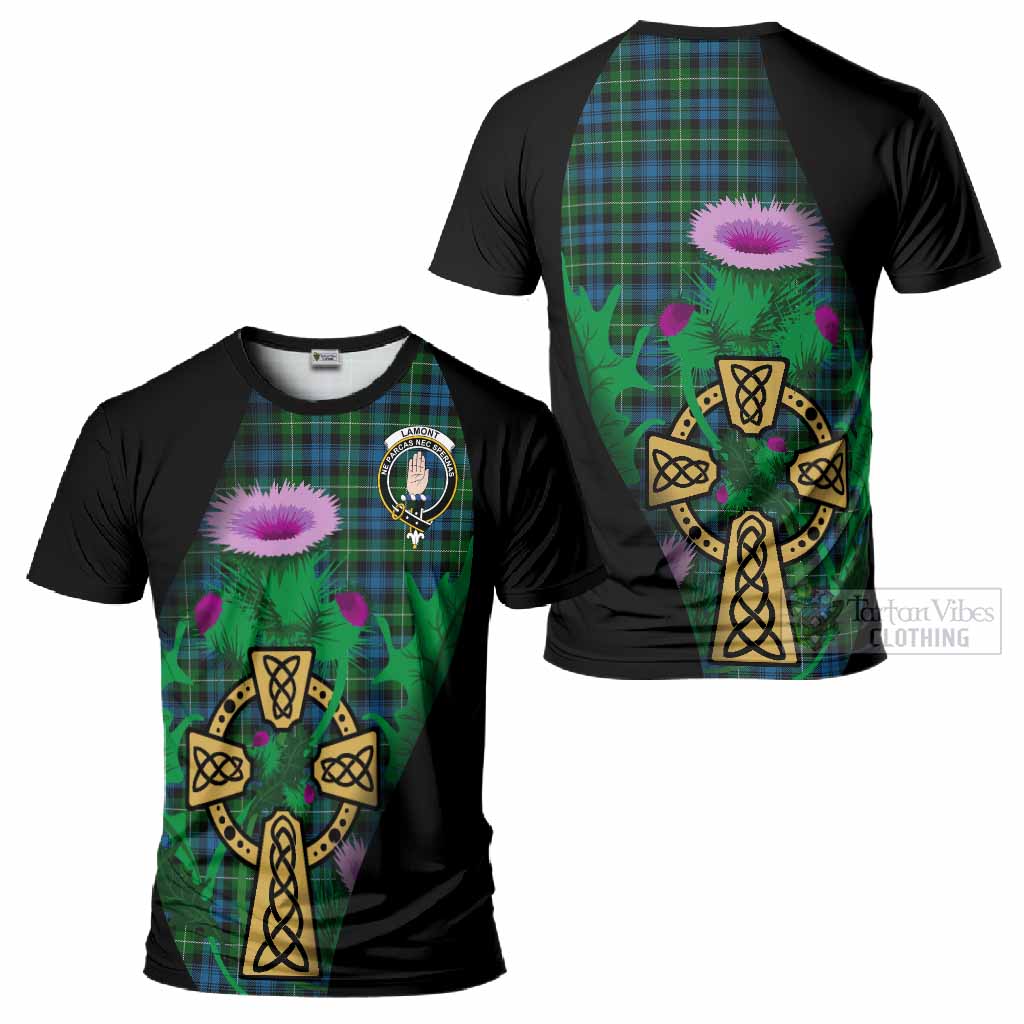 Lamont Tartan Crest T-Shirt Celtic Cross Thistle Flowers