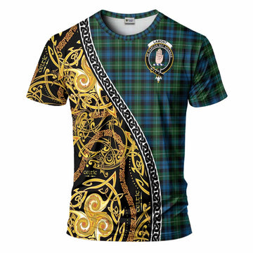 Lamont Tartan Crest T-Shirt Celtic Knot and Triple Trickle Spiral Symbols