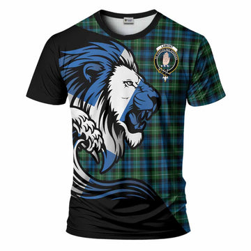 Lamont Tartan Crest T-Shirt Scottish Golden Lions Wave Flow