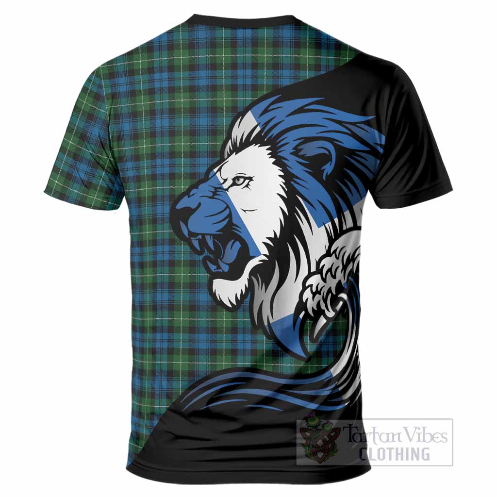 Lamont Tartan Crest T-Shirt Scottish Golden Lions Wave Flow