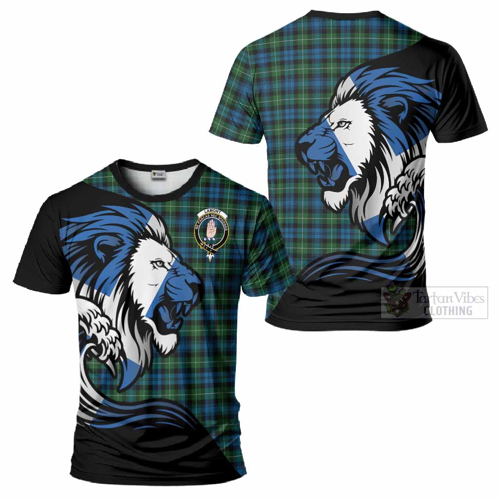 Lamont Tartan Crest T-Shirt Scottish Golden Lions Wave Flow