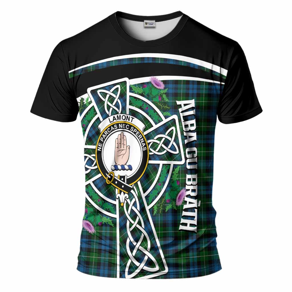 Lamont Tartan Crest T-Shirt Scottish Thistle Celtic Cross Alba Gu Brath