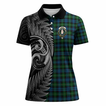 Lamont Tartan Crest Women Polo Shirt With New Zealand Silver Fern Maori Koru