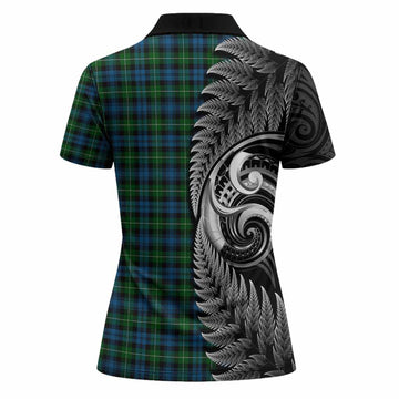 Lamont Tartan Crest Women Polo Shirt With New Zealand Silver Fern Maori Koru