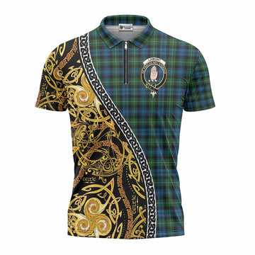Lamont Tartan Crest Zipper Polo Shirt Celtic Knot and Triple Trickle Spiral Symbols