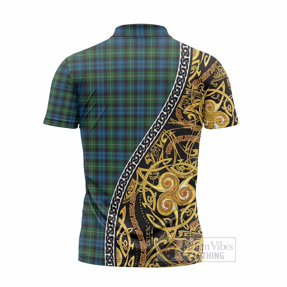 Lamont Tartan Crest Zipper Polo Shirt Celtic Knot and Triple Trickle Spiral Symbols