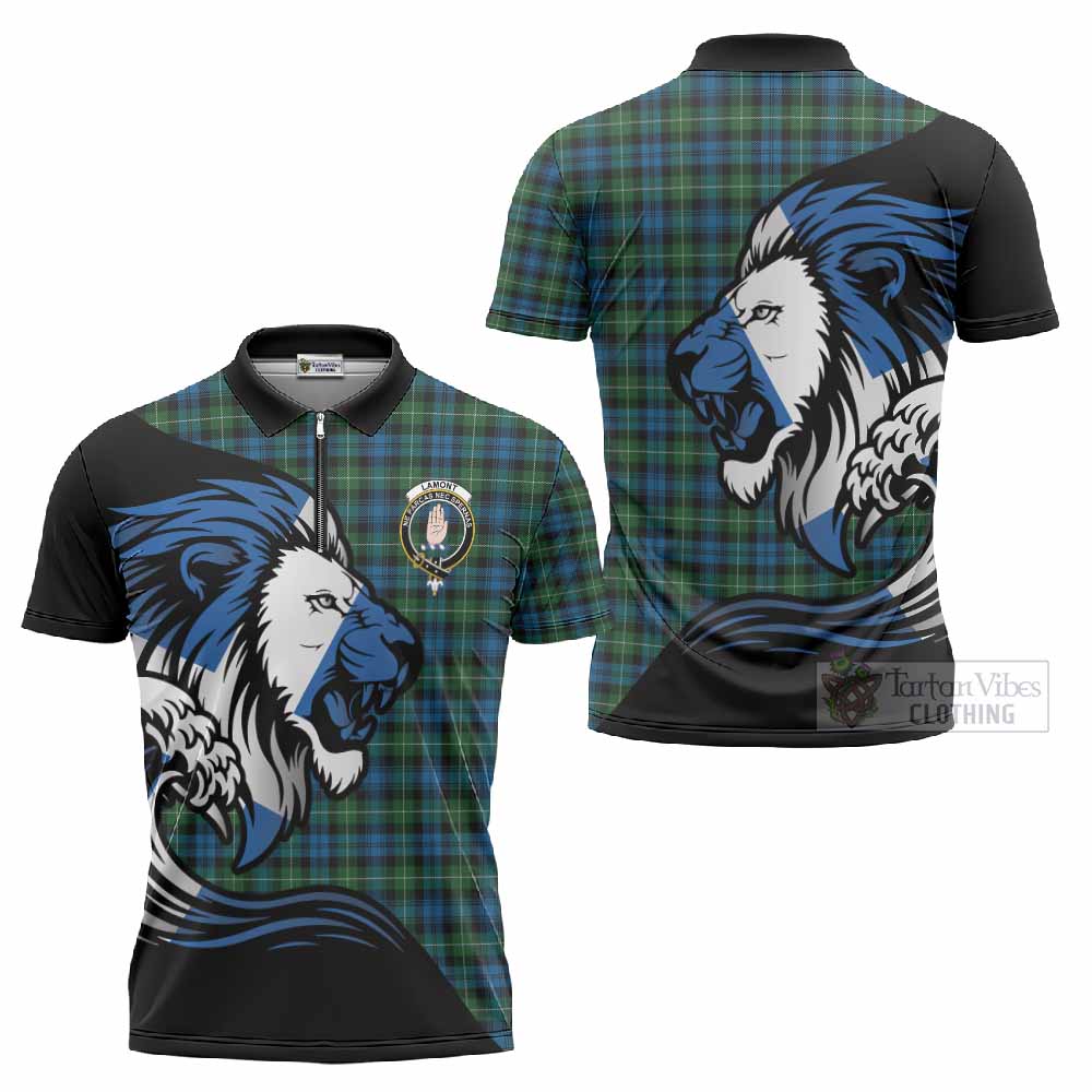 Lamont Tartan Crest Zipper Polo Shirt Scottish Golden Lions Wave Flow