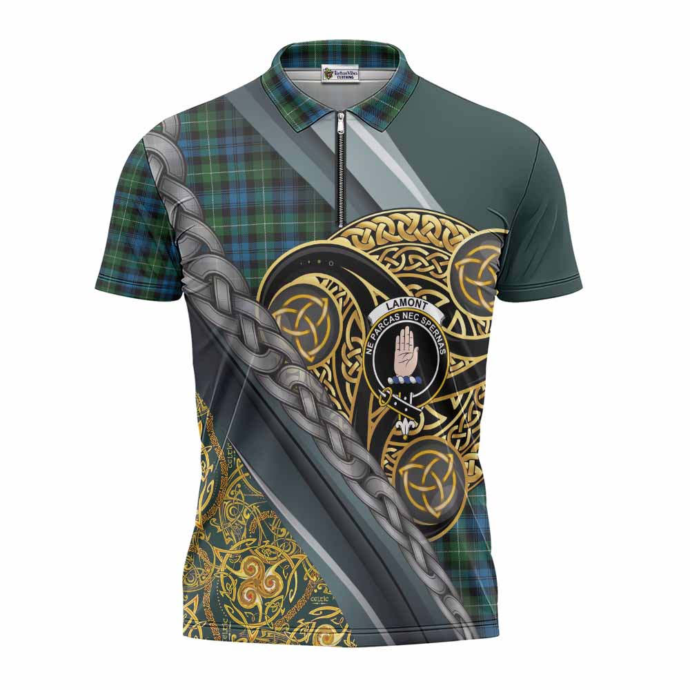 Lamont Tartan Crest Zipper Polo Shirt Scottish Triskele Celtic