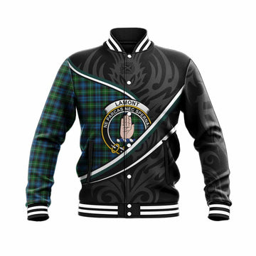 Lamont Tartan Family Crest Baseball Jacket Celtic Scottish Thistle Floral