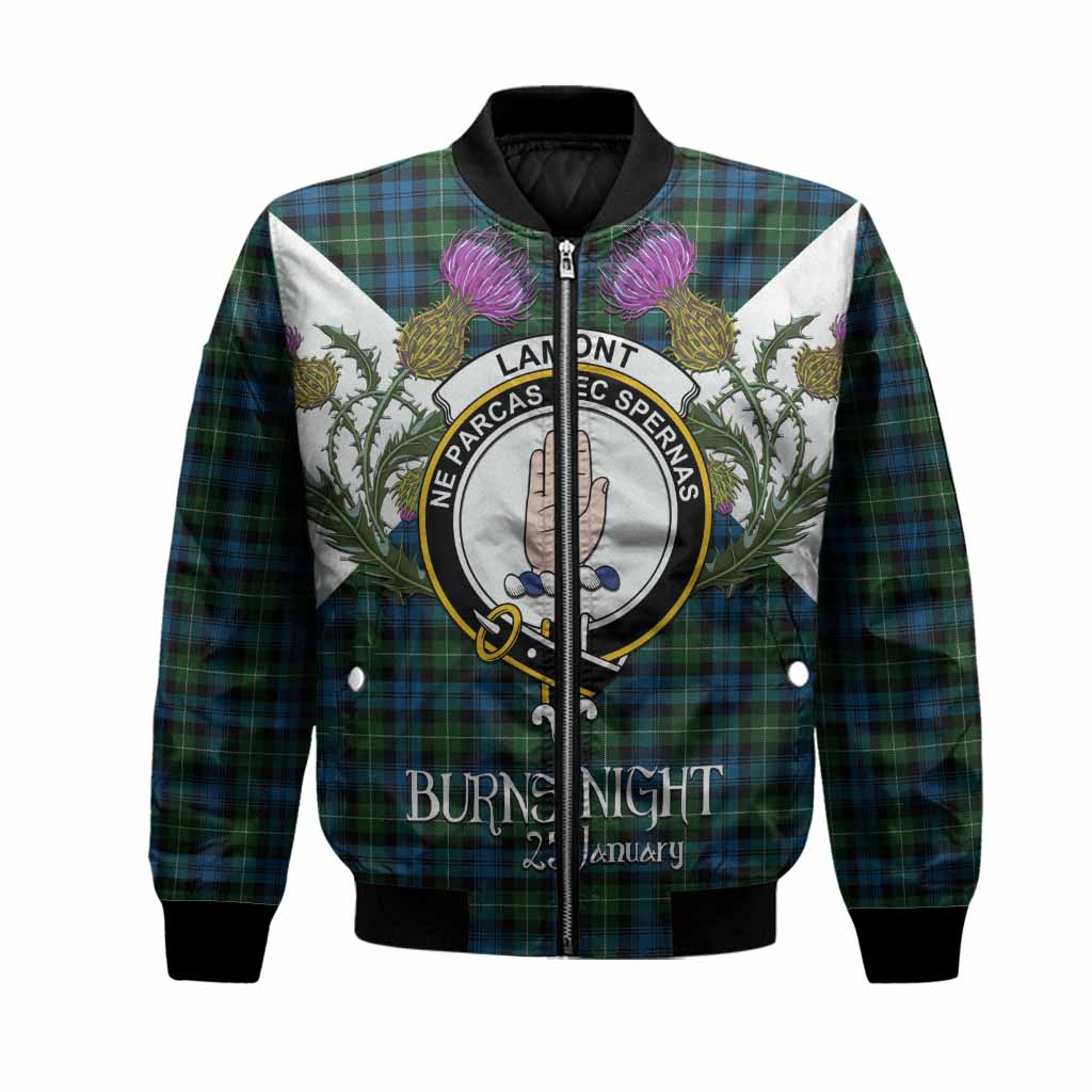 Lamont Tartan Family Crest Bomber Jacket Scottish Burns Night Thistle Floral