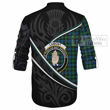Lamont Tartan Family Crest Ghillie Kilt Shirt Celtic Scottish Thistle Floral