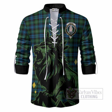 Lamont Tartan Family Crest Ghillie Shirt Crowned Lion Roaring