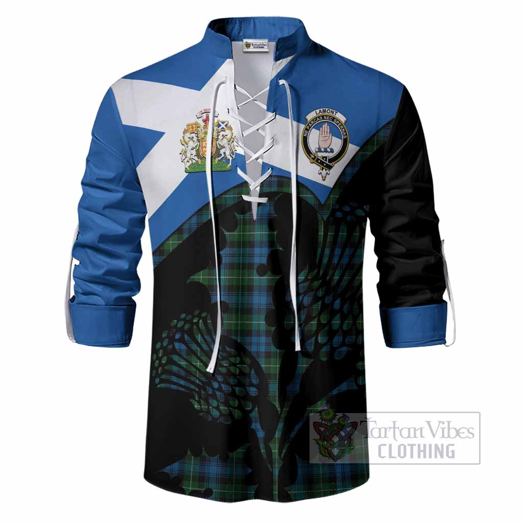 Lamont Tartan Family Crest Ghillie Shirt Scotland Thistle Floral Flag Style