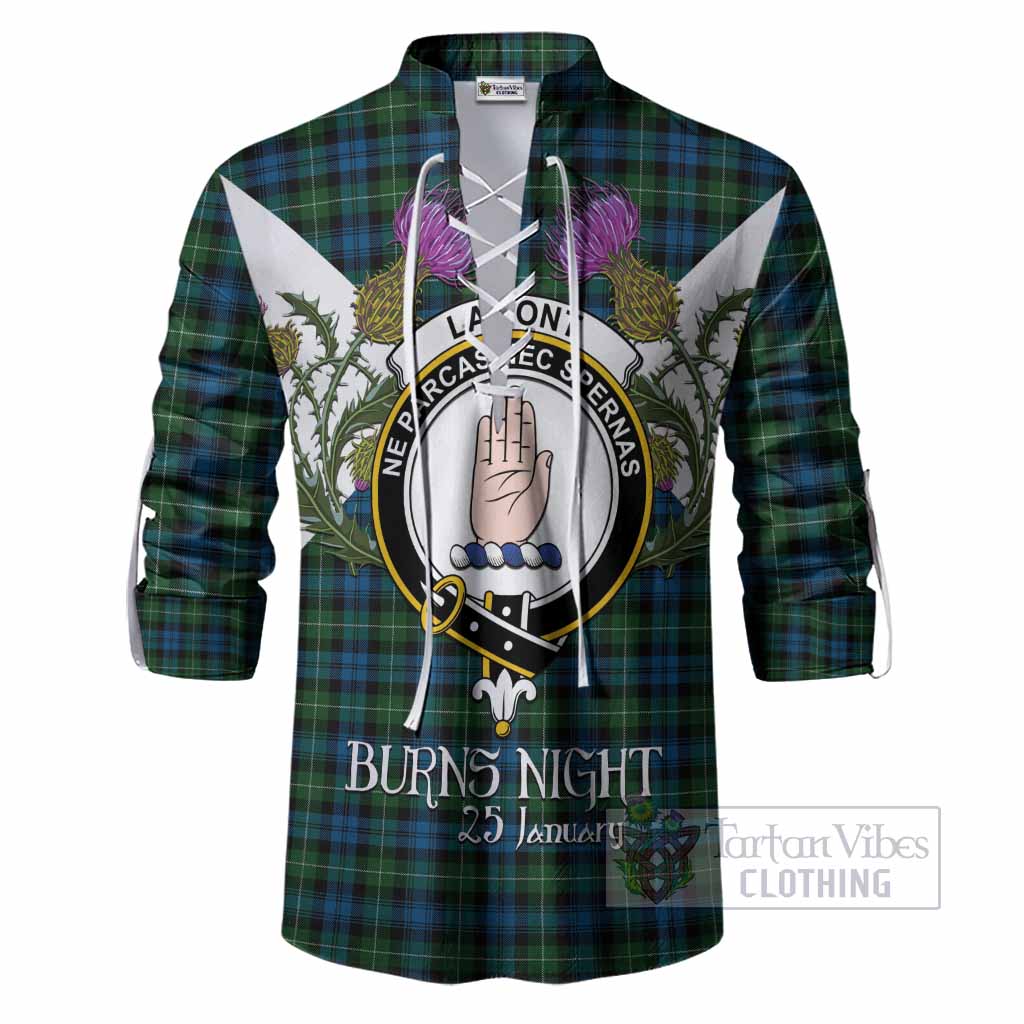 Lamont Tartan Family Crest Ghillie Shirt Scottish Burns Night Thistle Floral