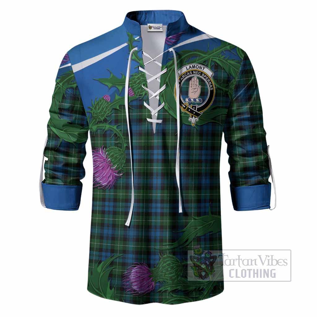 Lamont Tartan Family Crest Ghillie Shirt Thistle in Minimalism