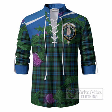 Lamont Tartan Family Crest Ghillie Shirt Thistle in Minimalism