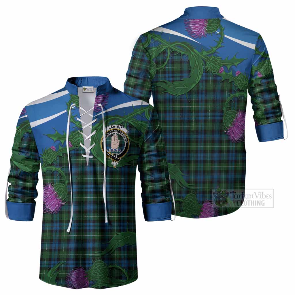 Lamont Tartan Family Crest Ghillie Shirt Thistle in Minimalism
