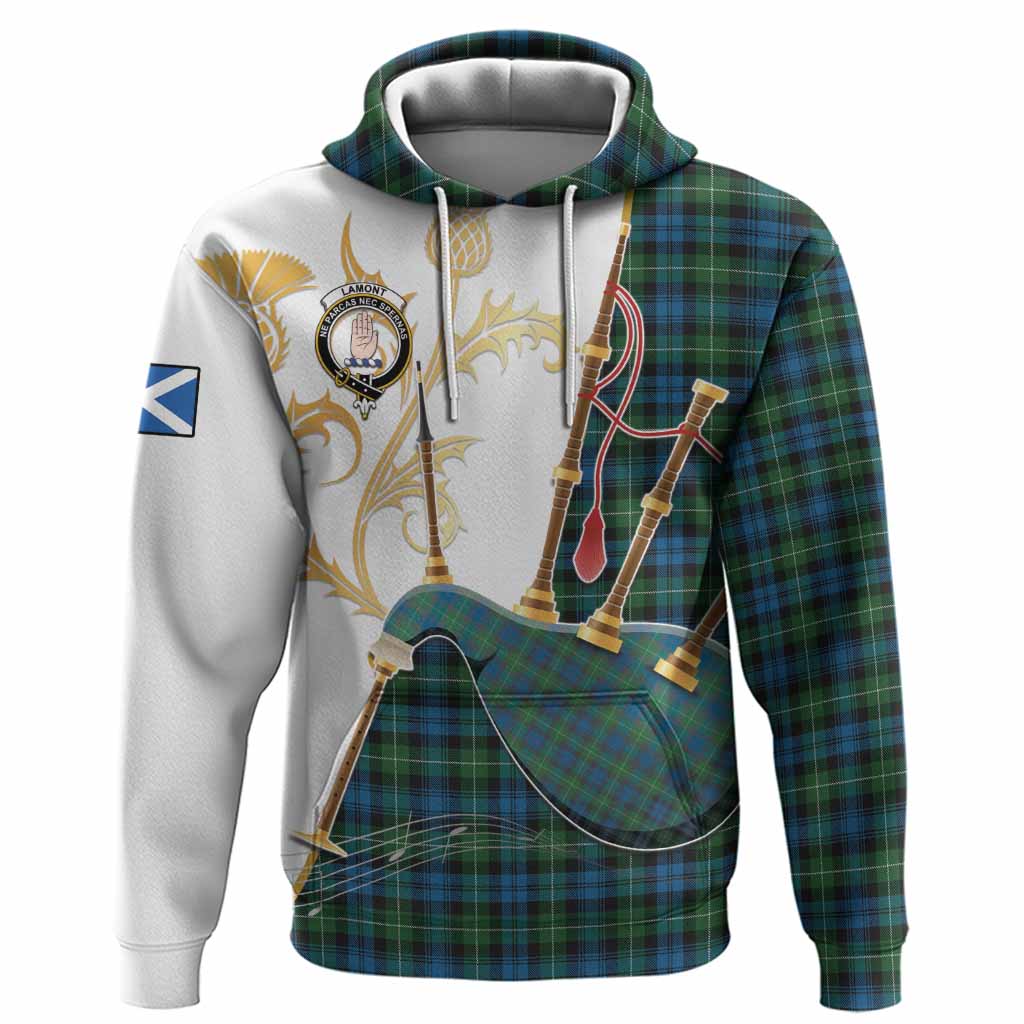 Lamont Tartan Family Crest Hoodie Bagpipes with Scottish Thistle