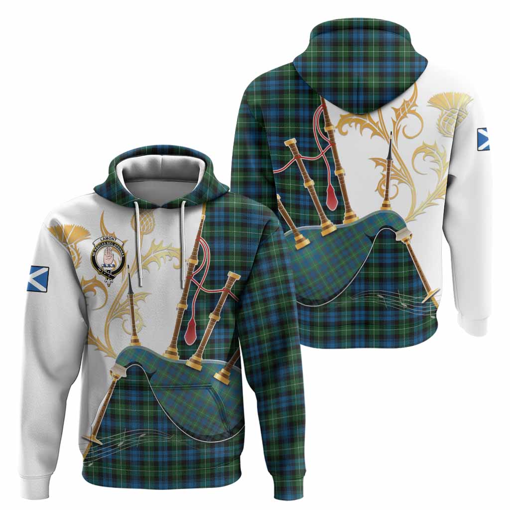 Lamont Tartan Family Crest Hoodie Bagpipes with Scottish Thistle