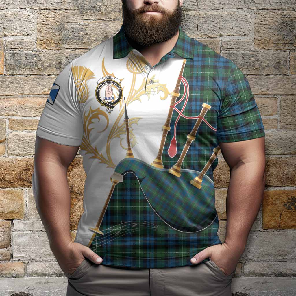 Lamont Tartan Family Crest Polo Shirt Bagpipes with Scottish Thistle