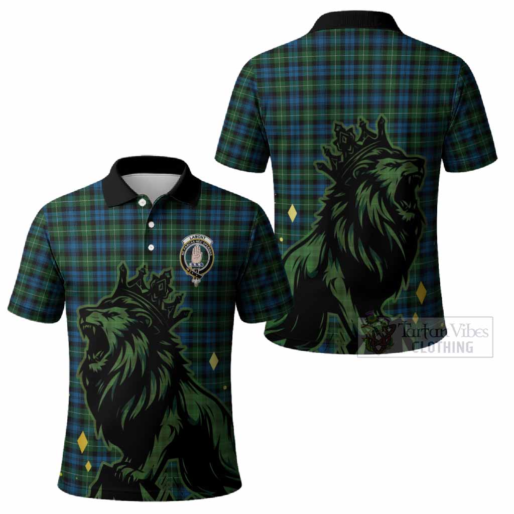 Lamont Tartan Family Crest Polo Shirt Crowned Lion Roaring