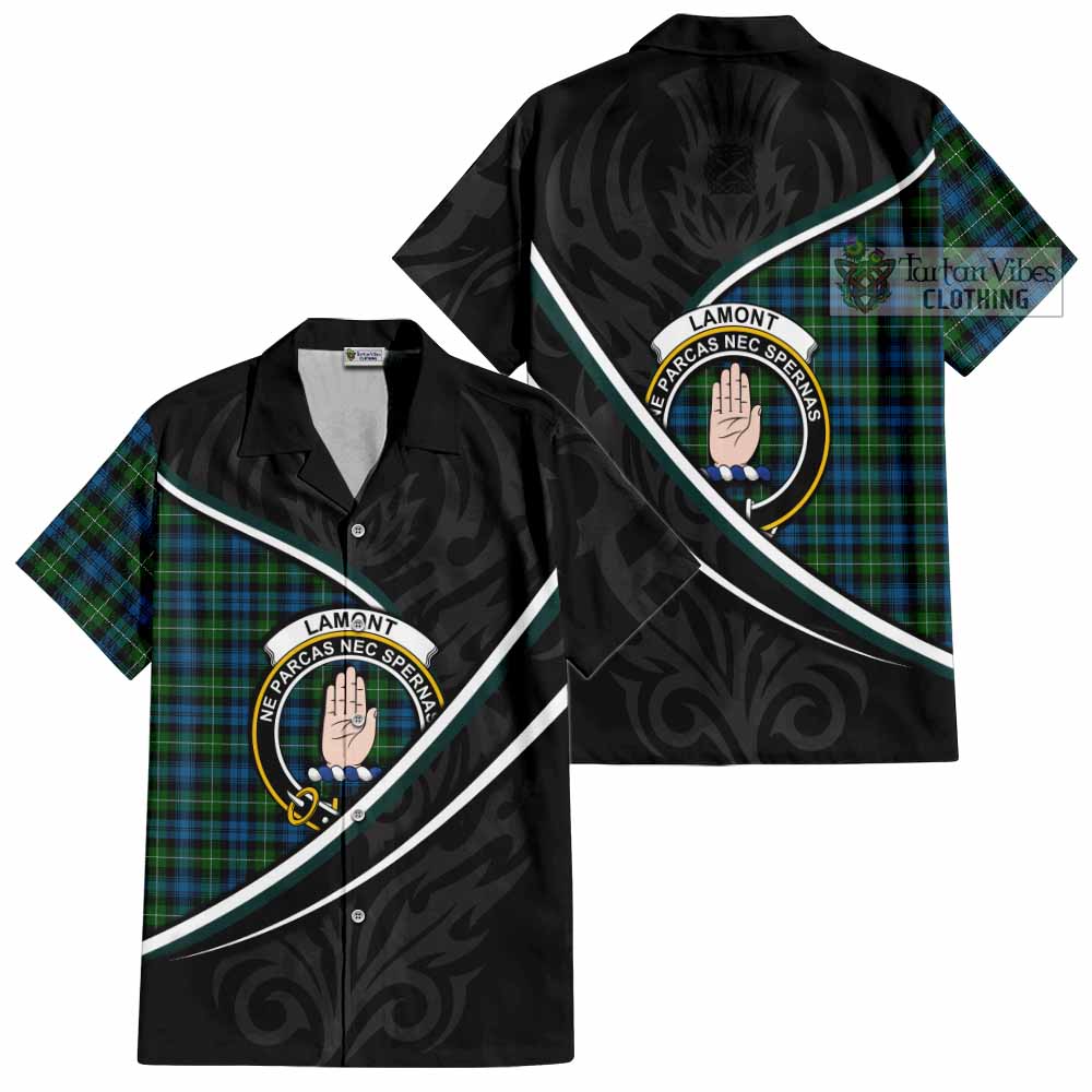 Lamont Tartan Family Crest Short Sleeve Button Shirt Celtic Scottish Thistle Floral - Tartan Vibes Clothing