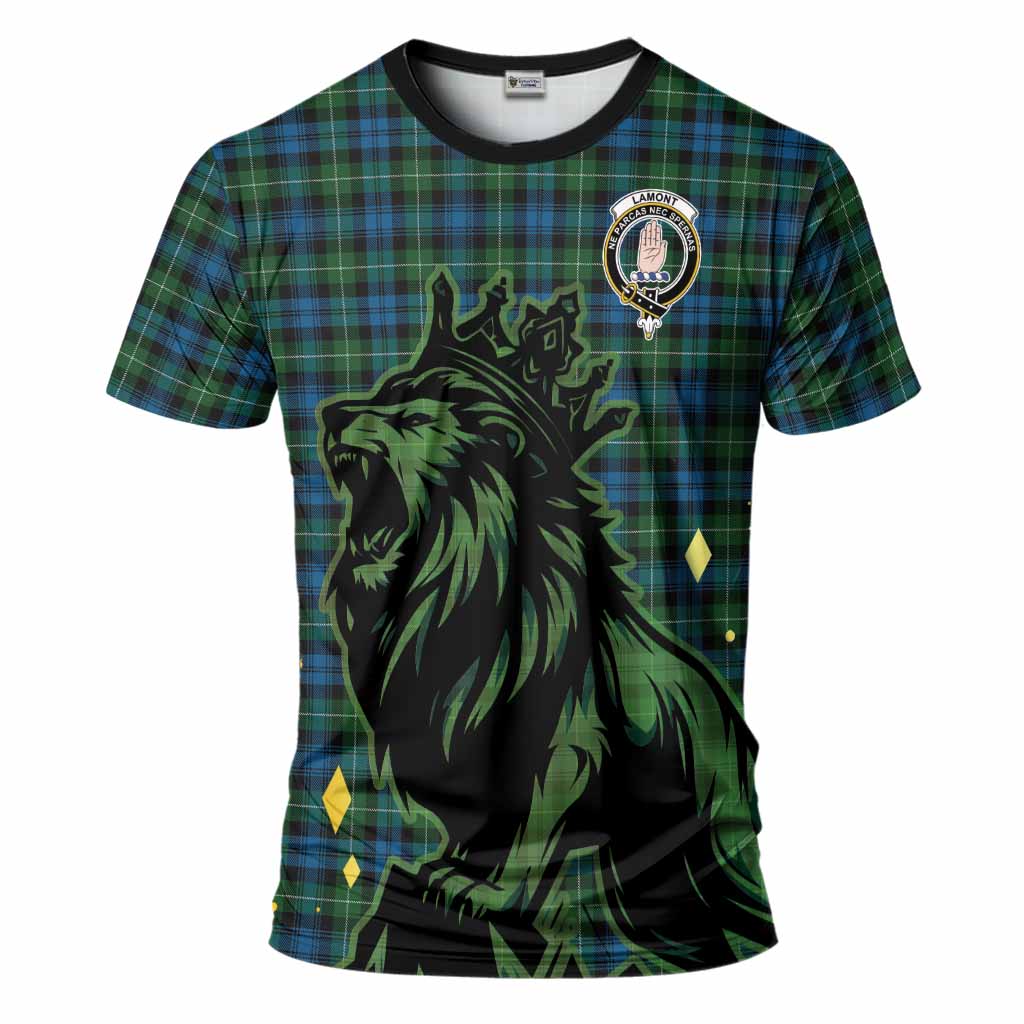 Lamont Tartan Family Crest T-Shirt Crowned Lion Roaring