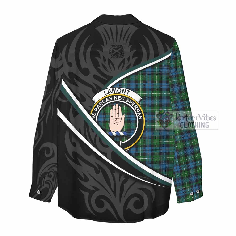 Lamont Tartan Family Crest Women Casual Shirt Celtic Scottish Thistle Floral - Tartan Vibes Clothing