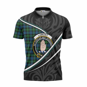 Lamont Tartan Family Crest Zipper Polo Shirt Celtic Scottish Thistle Floral