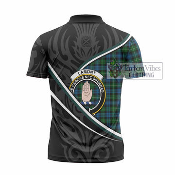 Lamont Tartan Family Crest Zipper Polo Shirt Celtic Scottish Thistle Floral