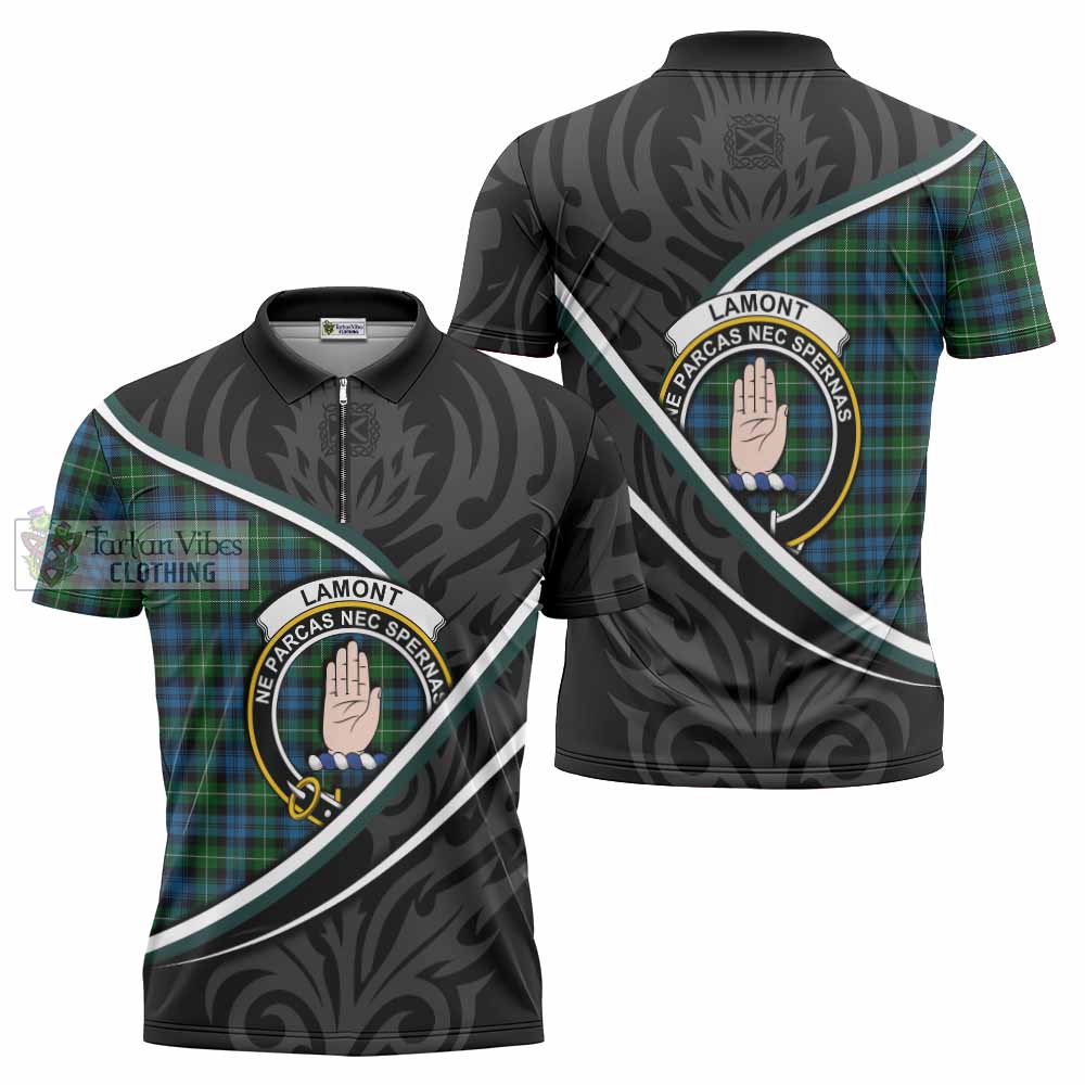 Lamont Tartan Family Crest Zipper Polo Shirt Celtic Scottish Thistle Floral - Tartan Vibes Clothing