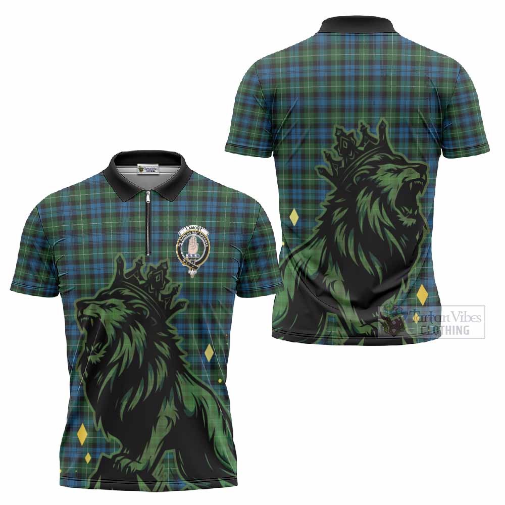 Lamont Tartan Family Crest Zipper Polo Shirt Crowned Lion Roaring