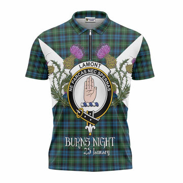 Lamont Tartan Family Crest Zipper Polo Shirt Scottish Burns Night Thistle Floral