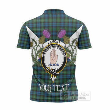 Lamont Tartan Family Crest Zipper Polo Shirt Scottish Burns Night Thistle Floral
