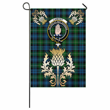 Lamont Tartan Garden Flag with Golden Regal Scottish Thistle Emblem - Tartan Vibes Clothing