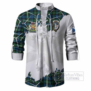 Lamont Tartan Ghillie Shirt with Family Crest and Lion Rampant Grunge Style