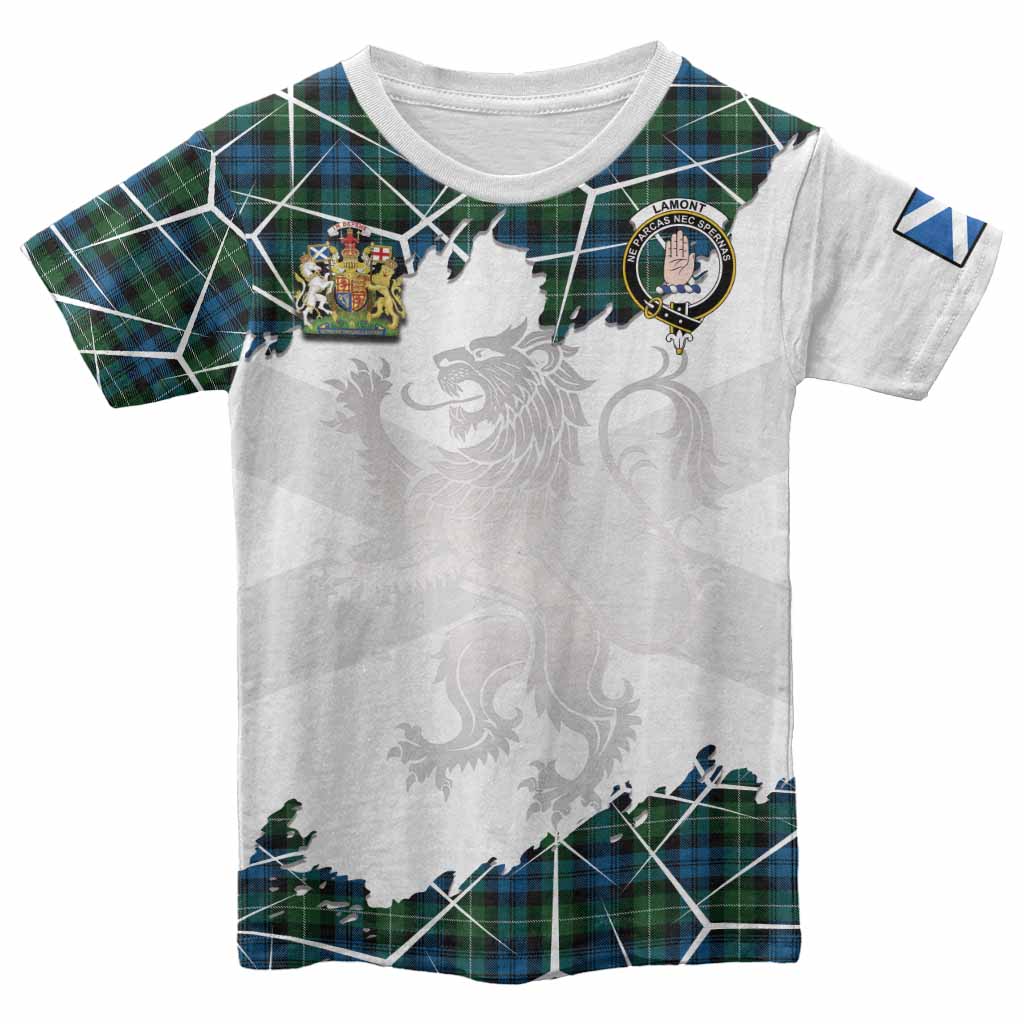 Lamont Tartan Kid T-shirt with Family Crest and Lion Rampant Grunge Style