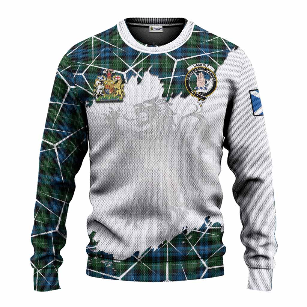 Lamont Tartan Knitted Sweater with Family Crest and Lion Rampant Grunge Style