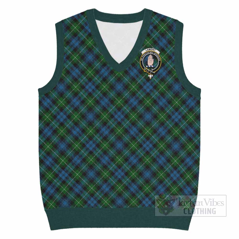 Lamont Tartan Knitted V-Neck Vest with Family Crest Cross Style