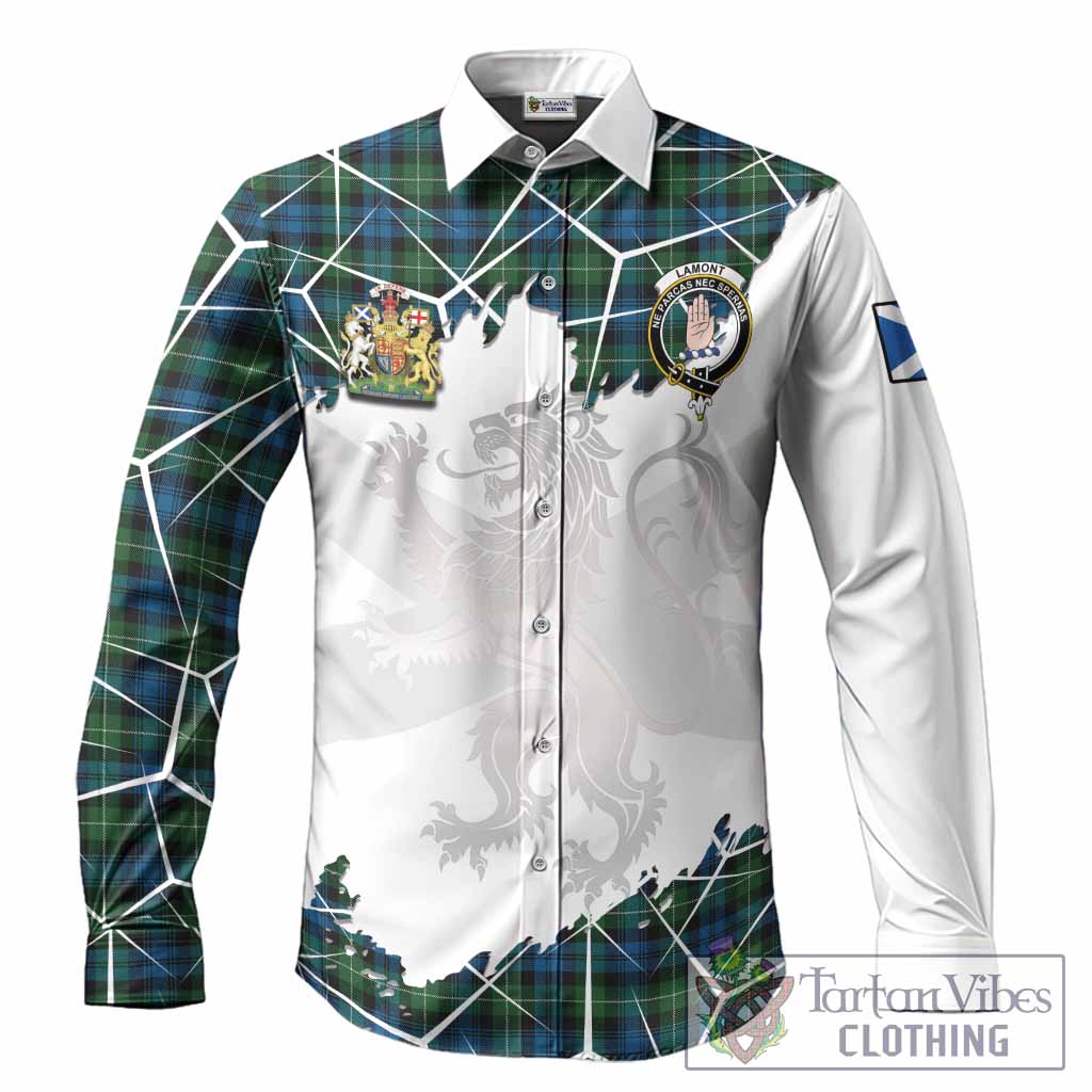 Lamont Tartan Long Sleeve Button Shirts with Family Crest and Lion Rampant Grunge Style