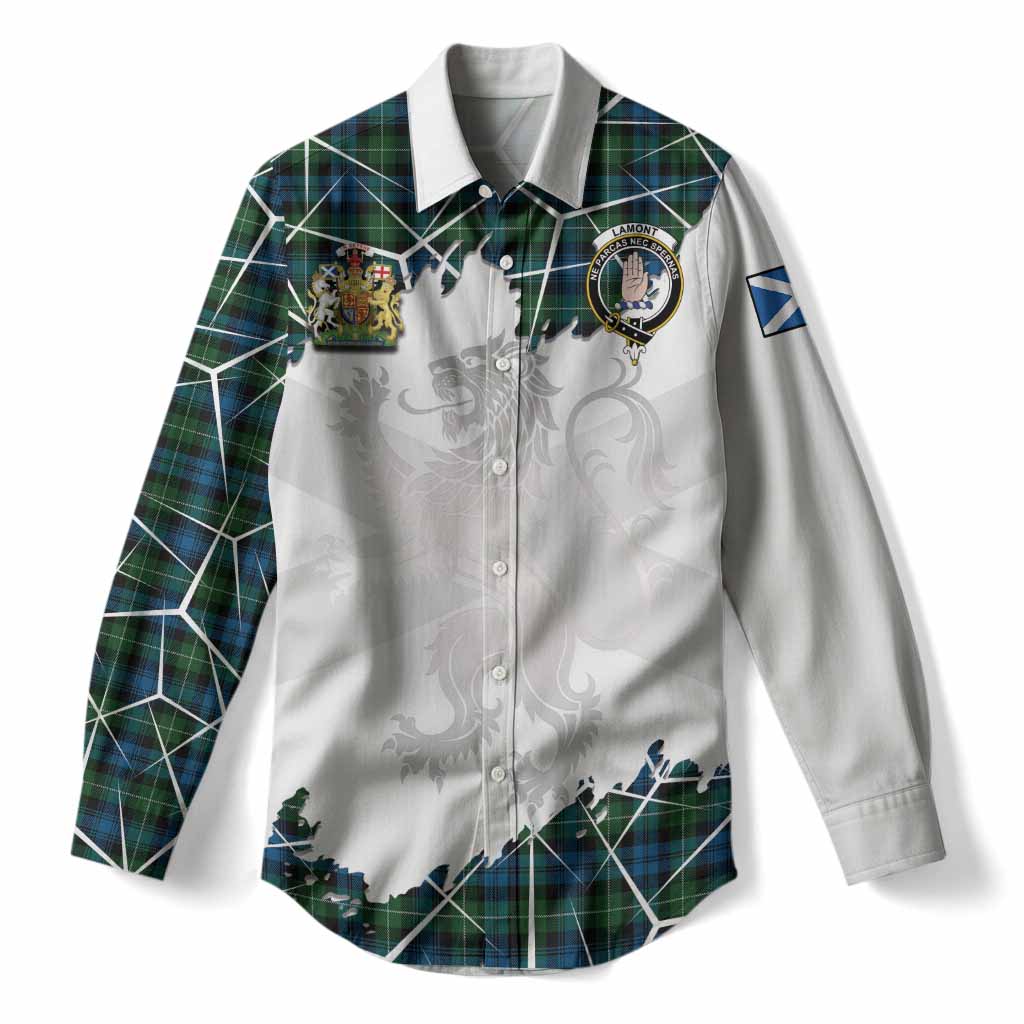 Lamont Tartan Women Casual Shirt with Family Crest and Lion Rampant Grunge Style