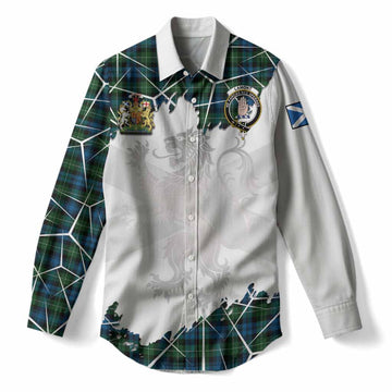 Lamont Tartan Women Casual Shirt with Family Crest and Lion Rampant Grunge Style