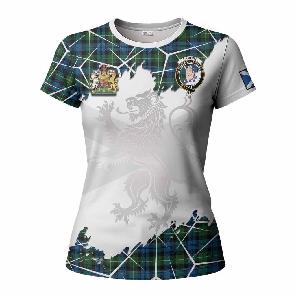 Lamont Tartan Women T shirt with Family Crest and Lion Rampant Grunge Style