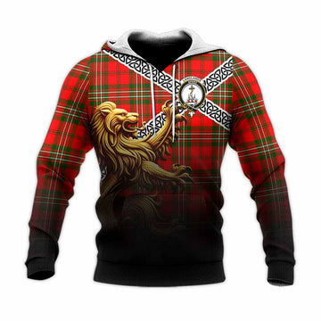 Langlands Crest Tartan Knitted Hoodie with Golden Lion Emblem Celtic Style